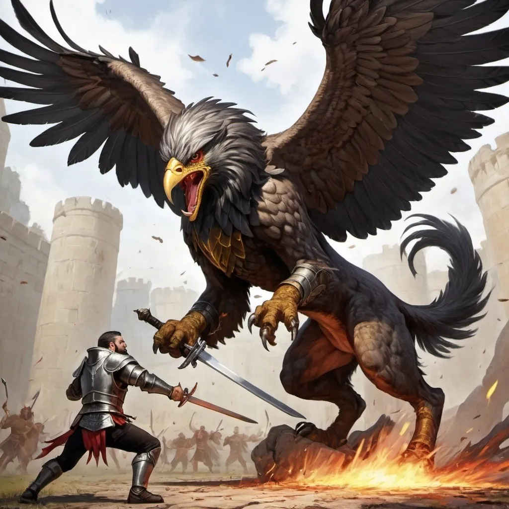 Prompt: a human warrior uses a sword to strike a deadly blow to a huge griffon