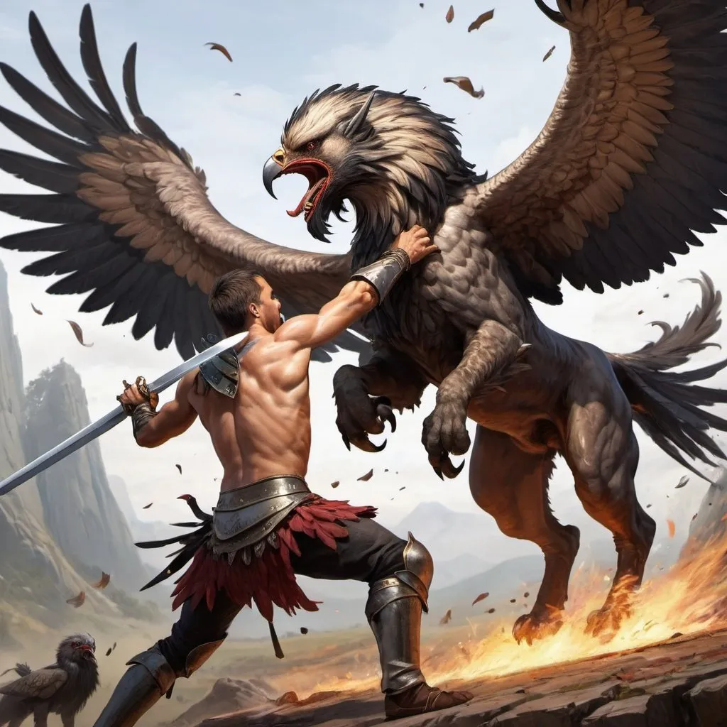 Prompt: a human warrior with sword strikes a fatal blow to a huge griffon