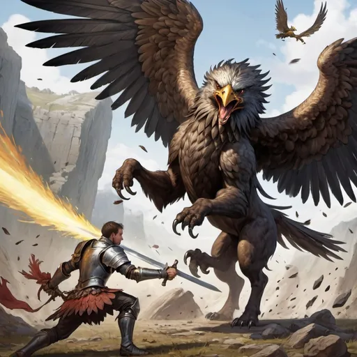 Prompt: a human warrior uses a sword to strike a deadly blow to a huge griffon