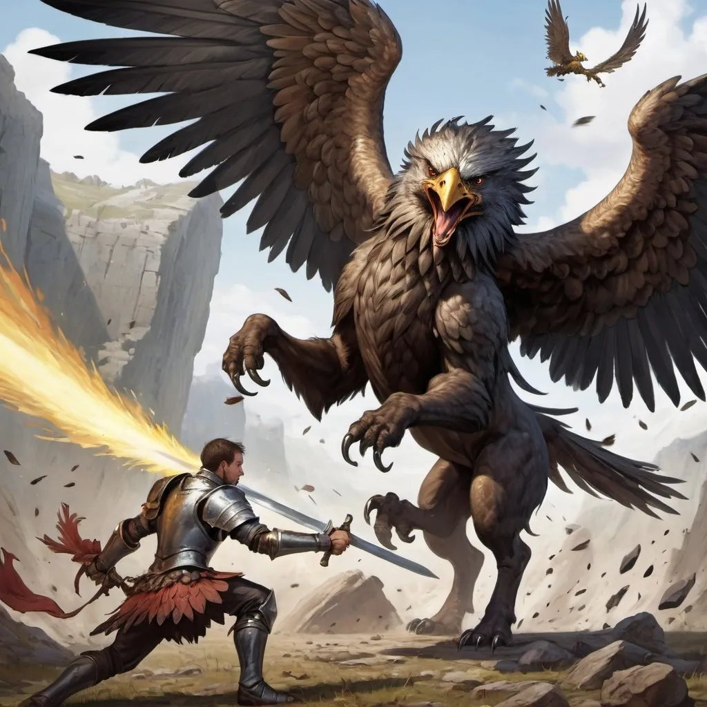 Prompt: a human warrior uses a sword to strike a deadly blow to a huge griffon