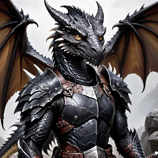 Prompt: Anthropormphic dragon that has grey eyes that almost look blind. Black scales with small horns on the jaw and down the spine. Has wings that has seen better days. Is wearing leather armor, sword attached to his back from the left side shoulder blade.