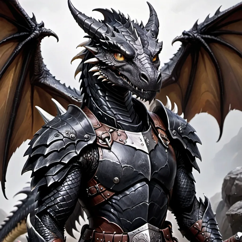 Prompt: Anthropormphic dragon that has grey eyes that almost look blind. Black scales with small horns on the jaw and down the spine. Has wings that has seen better days. Is wearing leather armor, sword attached to his back from the left side shoulder blade.