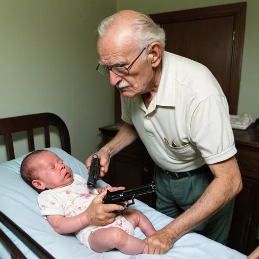 Prompt: grampa killing a newborn
 with a semiauto gun

