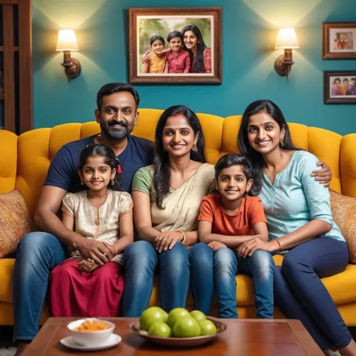 Prompt: An indian middle class families with 2 child one elder and one younger with parents sitting on sofa which are happily and living comfortably with financially free mindset 