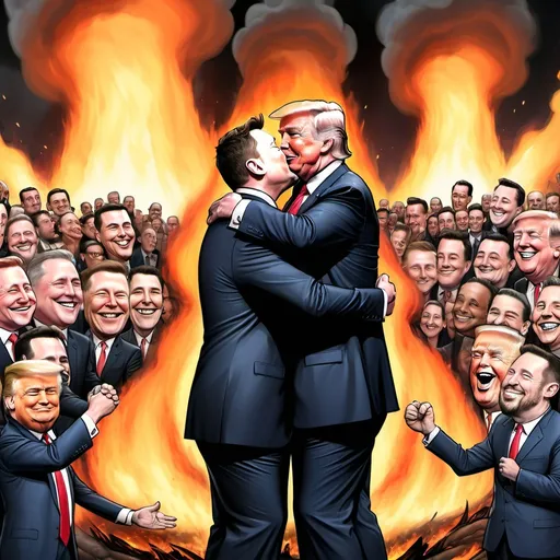 Prompt: Create a caricature of Elon musk and trump hugging over an America burning and the rest of their buddies
