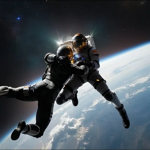 Prompt: 2 men fighting in space