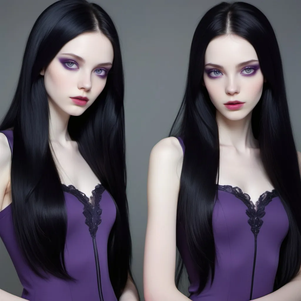 Prompt: beautiful, slender, pretty, captivating, alluring, luscious long black hair, purple eyes, pale skin, twins