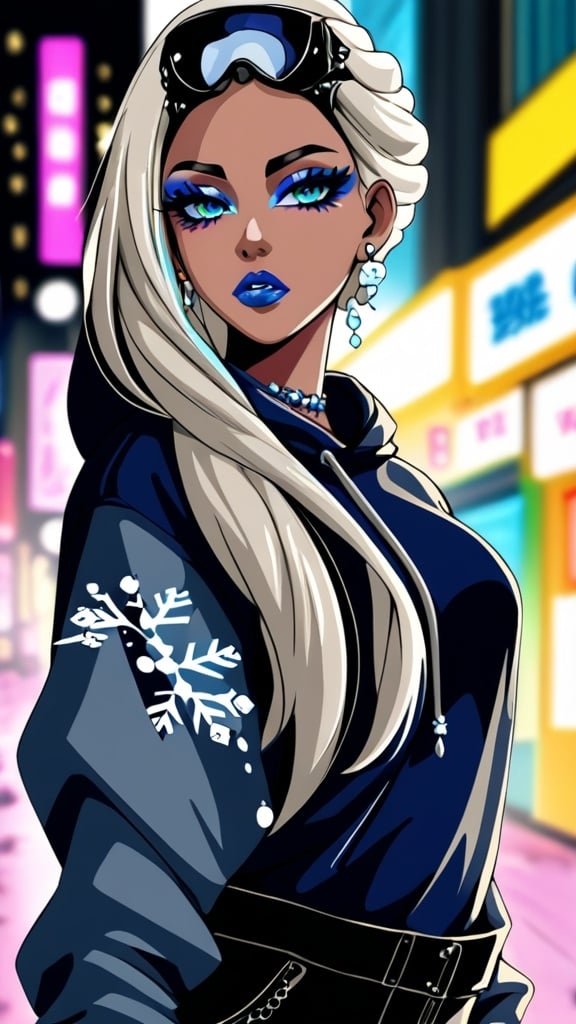 Prompt: Here is a bullet point description of how the character Vivian, the Ice Queen of New York, might look:

• Strikingly beautiful young woman with a bold, contrasting appearance
• Bleached blonde or dyed hair in a gyaru-inspired, wavy or colorful style
• Dramatic, heavy makeup - thick eyeliner, bright glossy lips
• Intense, determined gaze in her striking blue/gray eyes
• Fashion sense blends cutting-edge, avant-garde styles with Japanese street fashion
   - Oversized hoodies, cargo pants, form-fitting bodysuits, high-tech boots
   - Subtle hints of ice or snowflake motifs in her outfits
• Presents an ethereal, almost icy presence 
   - Beautiful and bold on the surface
   - Undercurrent of hardened intensity from covert ops past
• Overall appearance mirrors the duality of her character
   - Ice queen persona she has forged
   - Yearning for a heroic, altruistic path