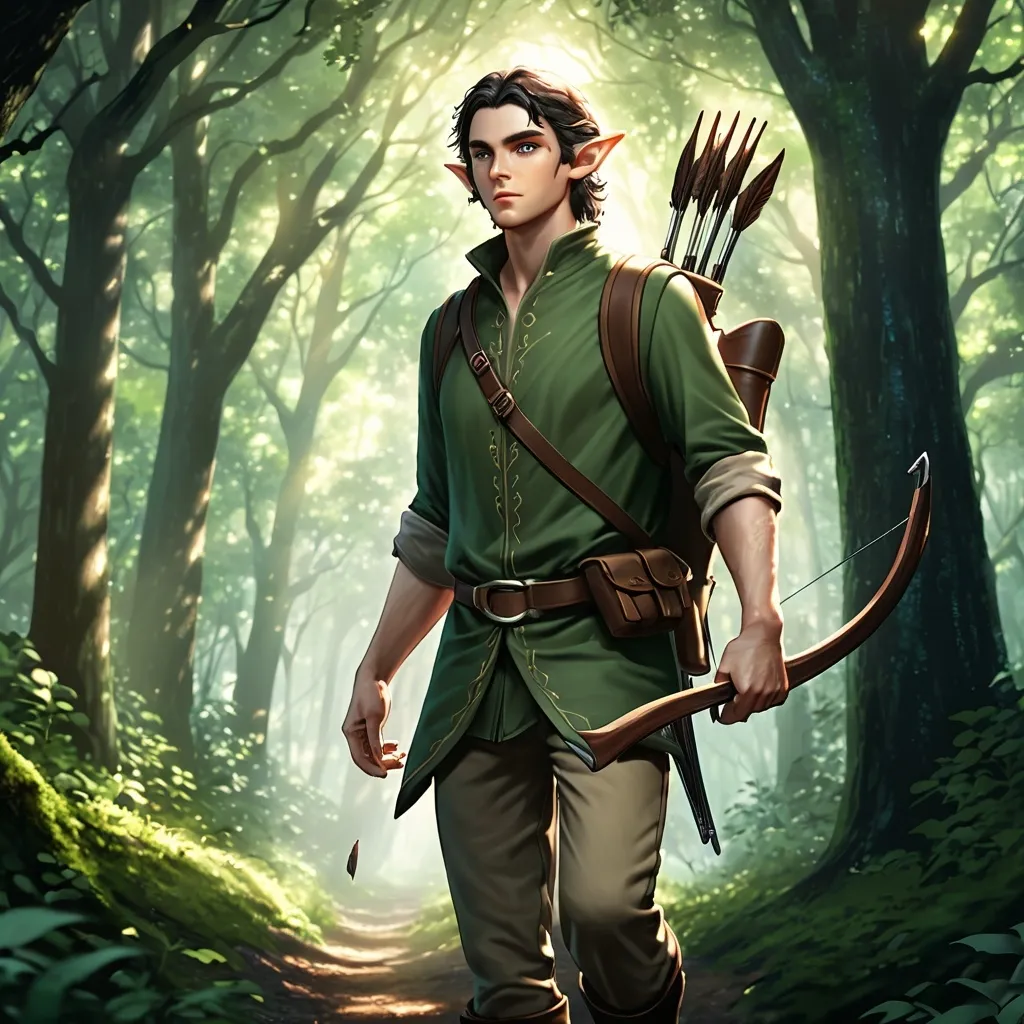 Prompt: (Hansome male elf hunter), stealthily walking through lush green woods, wearing basic hunting clothes, holding a bow, strikinglight blue eyes (contrasting with dark hair), pale and unmarked skin (glistening in the dappled sunlight), surrounded by treetops and underbrush, atmospheric, serene vibe, atmospheric lighting, ultra-detailed, 4K resolution.