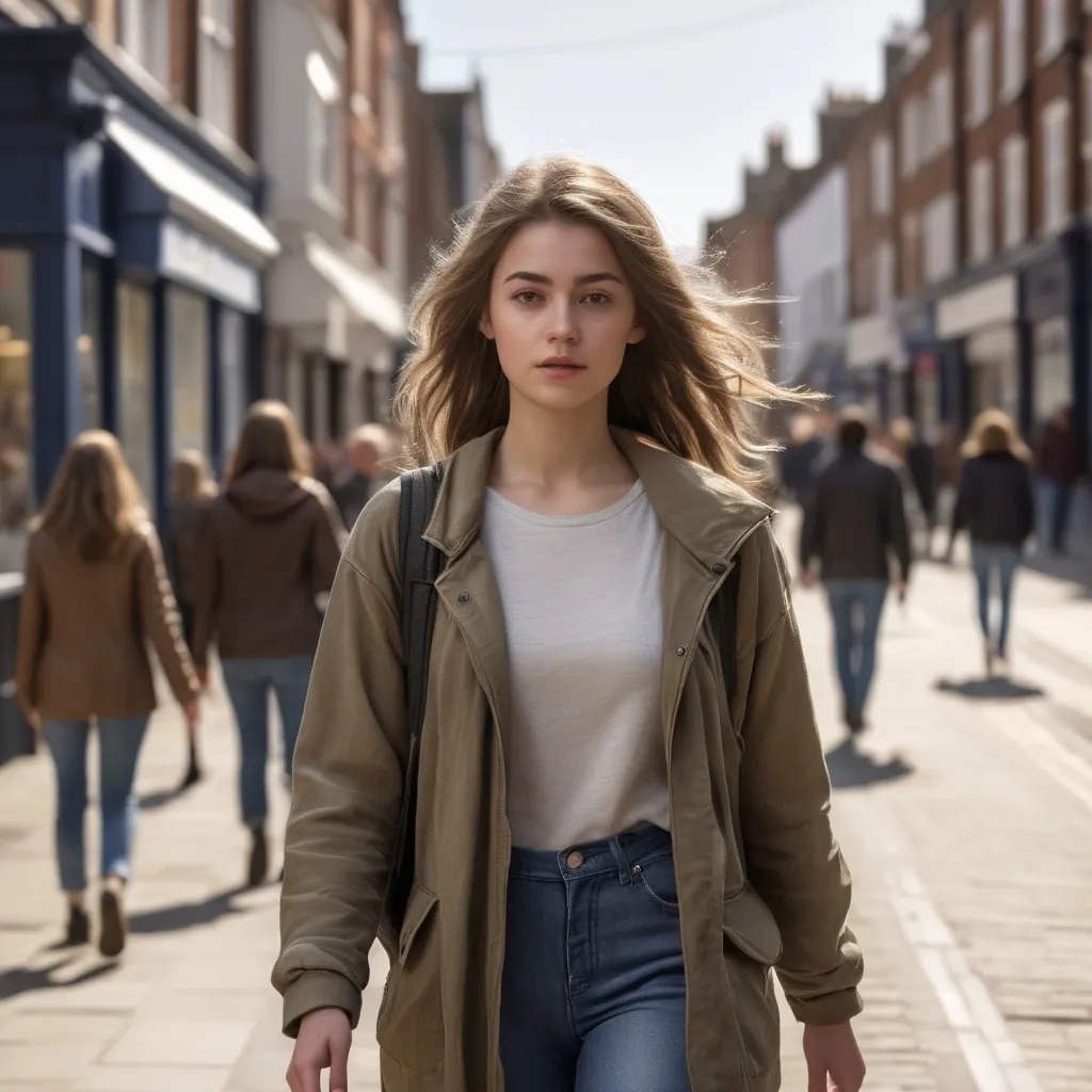 Prompt: Tdall young woman walking down the high street, detailed clothing, realistic, natural lighting