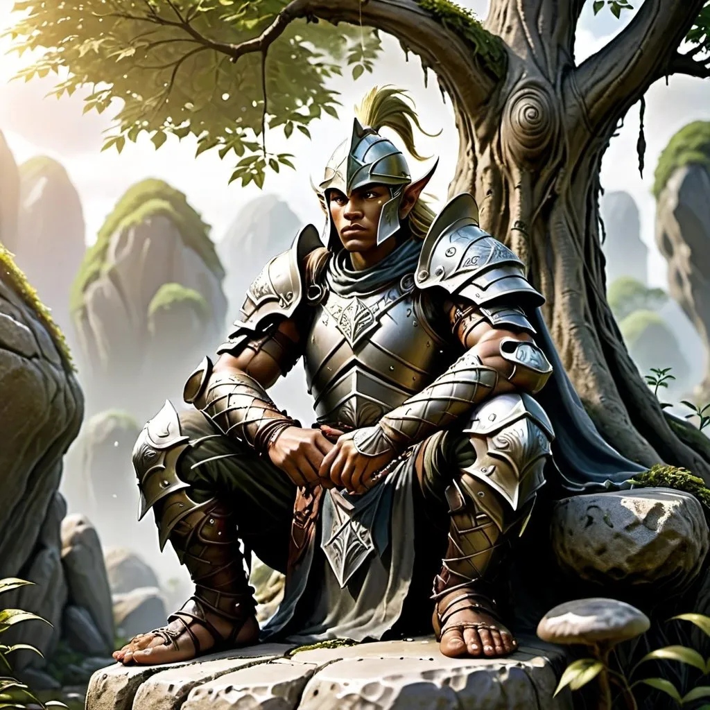 Prompt: A Fantasy Warrior is sitting on a stone in front of a living tree