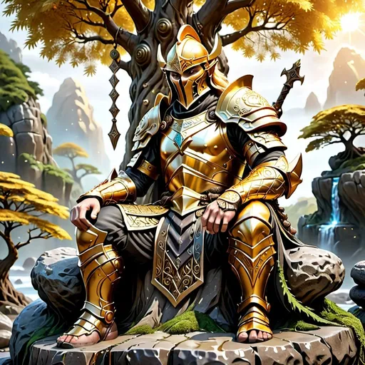 Prompt: Fantasy warrior sitting on a stone in front of a living tree, golden 'Veni Vidi Vici - Tarisland Gilde' text overhead, high quality, fantasy style, detailed armor, majestic living tree, ancient stone, epic atmosphere, mystical lighting, rich color tones, professional, detailed character, vibrant fantasy setting, ornate golden text, ancient warrior, atmospheric lighting