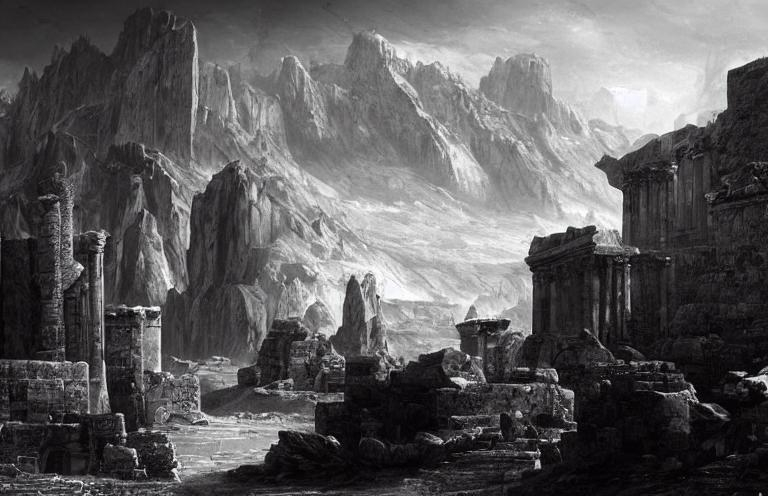 Prompt: monochrome sci-fi landscape with mountains, futuristic, with esoteric spheres, by piranesi, high quality, ancient ruins