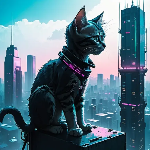 Prompt: Cyberpunk anime style, a lost kitten on top of a skyscraper.