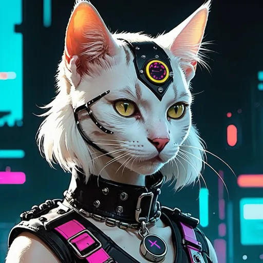 Prompt: Cyberpunk comic retro style, a beautiful female cat with punk collar.