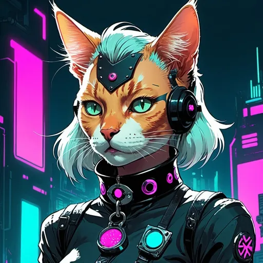 Prompt: Cyberpunk comic retro style, a beautiful female cat with punk collar.