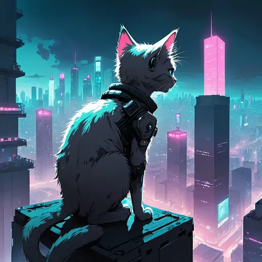 Prompt: Cyberpunk anime style, a lost kitten on top of a skyscraper.