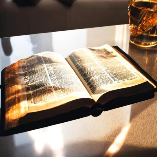 Prompt: bible on a glass table 