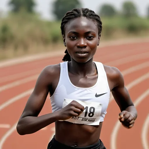 Prompt: use the previous face, a young ghanaian woman running on  a field track