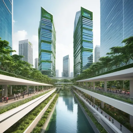 Prompt: (sleek, modern skyline), advanced smart infrastructure, prominent business districts (Ayala Center), high-tech hubs, integrated green spaces (Ayala Triangle Garden), clean streets, efficient public transport (MRT line), less congestion, vibrant colors, futuristic architecture, dynamic city life, HD, ultra-detailed, cinematic atmosphere, eco-friendly urban design.