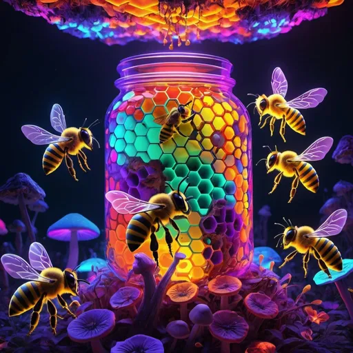 Prompt: Neon, trippy bees picking mushrooms, colorful jar, honeycomb, psychedelic, vibrant, highres, 3D rendering, surreal, glowing, honeycomb pattern, bee wings shimmering, juicy mushrooms, vibrant colors, busy bees, neon lighting, surreal atmosphere