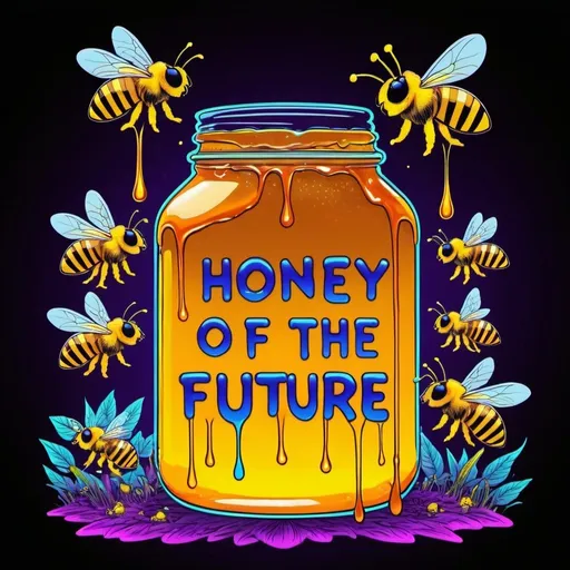 Prompt: Super psychedelic mushrooms neon colored drips into a honey jar with worker bees hallucinating and a text that says honey of the future