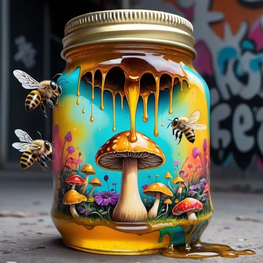 Prompt: Hyper realistic image trippy mushroom dripping into a bee's mouth and be ingesting it into a psychedelic colorful jar, graffiti text saying melted minds honey of the future