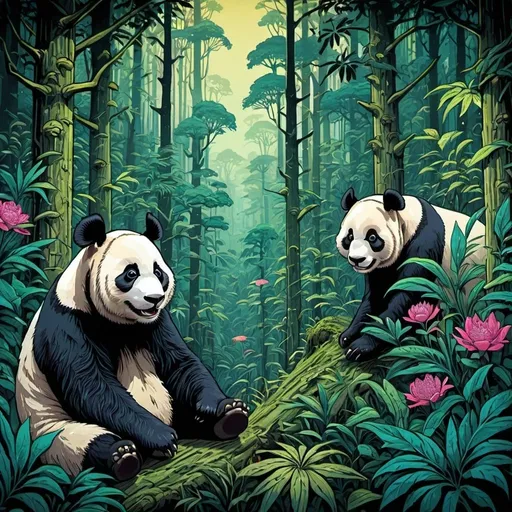 Prompt: Lush fantasy forest linocut print, highly detailed, intricate, pandas, wildlife, masterpiece, amazing art, color, Victor Ngai, Craig Mullins, linocut, fantasy, detailed, vibrant, professional, intricate details, wildlife, pandas, forest, masterpiece, highres, intricate linework, colorful, artistic, fantasy forest, professional quality, vibrant colors, detailed linocut, incredible artistry, atmospheric lighting
