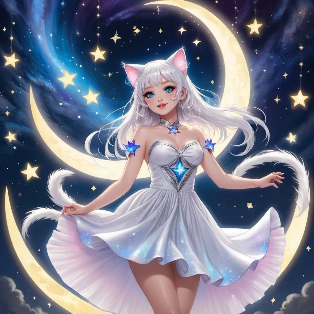 Prompt: best quality+++, high quality+++, detailed+++, 1 woman, dancing, white hair+++ curtain bangs+++, cat ears++ cat tail (visible)+++ blue eyes (detailed, glowing), pink lips (glowing, plump)+++, white dress++ high heels++, galaxy++ starry night++ half moon++prismatic goddess++, shining++ glowing+++