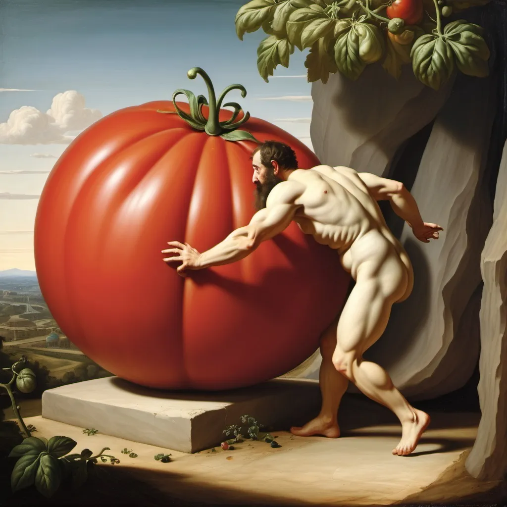 Prompt: Sysiphus pushing a giant tomato