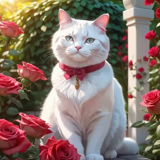 Prompt: fatty white cat sitting gracefully amidst a lush (red roses garden), vibrant colors, fragrant flowers, soft sunlight filtering through the leaves, serene ambiance, high detail, (4K quality), gentle shadows creating depth, a whimsical and tranquil scene, capturing the essence of comfort and beauty, inviting and cheerful atmosphere.