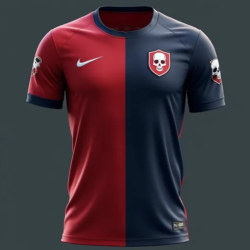 Prompt: ( sports style) a jersey in colour of red and dark blue mix with left side design will be white skull eyes colour glow seyan green and at right the doller logo behind the player name and number below the name 