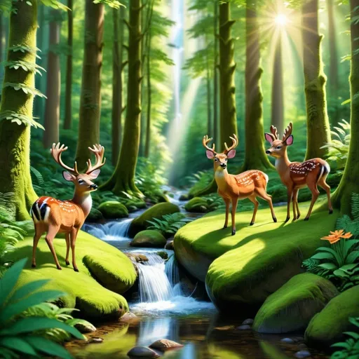 Prompt: A tranquil forest with towering trees whose leaves form a lush canopy, dappled sunlight filtering through, a gentle stream winding its way through moss-covered rocks, and a family of deer grazing nearby, creating a scene of peaceful harmony