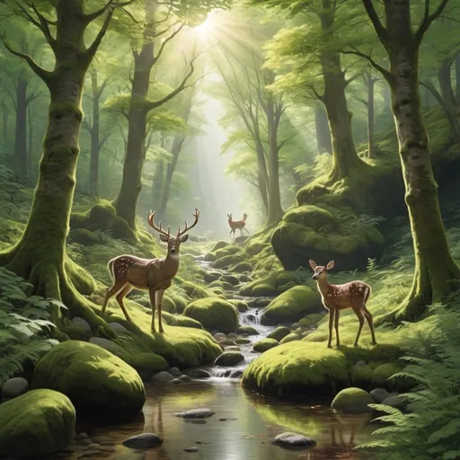Prompt: A tranquil forest with towering trees whose leaves form a lush canopy, dappled sunlight filtering through, a gentle stream winding its way through moss-covered rocks, and a family of deer grazing nearby, creating a scene of peaceful harmony