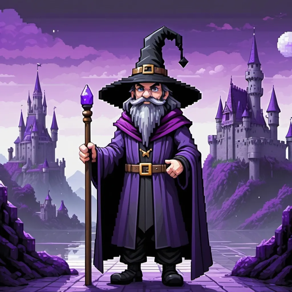 Prompt: a black wizard with pointy purple hat with purple cloak with gray beard all pixel and purple castle in backround also pixel