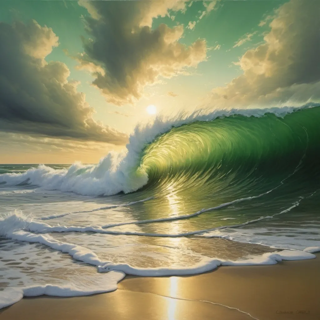 Prompt: abstract seascape, photorealism, gold accents in clouds, green ocean with gold reflections, breaking wave, sea foam on beach, high quality, photorealism, abstract, gold accents, green ocean, breaking wave, sea foam, atmospheric lighting