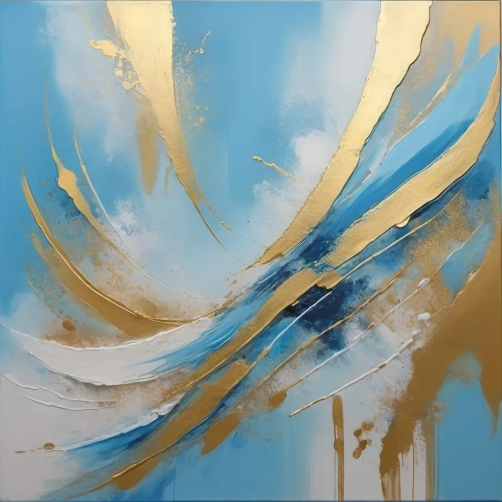 Prompt: Create an abstract painting in sky blue and gold, think about fibanace sequence 