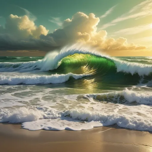 Prompt: Abstract seascape with photorealistic rendering, golden accents in the clouds, vibrant green ocean with shimmering gold reflections, a powerful breaking wave, delicate sea foam on the beach, high-quality, photorealistic, abstract artstyle-renaissance, gold accents in clouds, green ocean, breaking wave, sea foam, atmospheric lighting