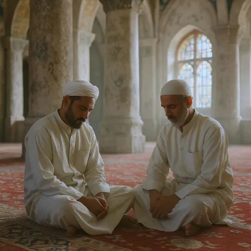 Prompt: In a serene mosque interior, two men sit in quiet contemplation on an intricately patterned carpet, their gazes lowered in introspection. Dressed in matching light-colored garments, they radiate calm and reverence, embodying the peaceful atmosphere of the sacred space. Tall stone columns rise in the background, adorned with subtle architectural details that suggest a blend of traditional and historical influences, while soft, diffused light streams in through stained glass windows, casting gentle hues across the room. The mood is tranquil and reflective, capturing a moment of connection to spirituality and inner peace.