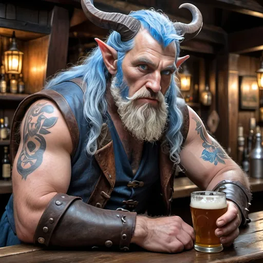 Prompt: a fat rugged 6 foot and 5 inches tall, 500 pound male very old tiefling druid with blue eyes, light blue skin, wrinkles, patchy indigo hair and a full beard is scowling as he stands at the bar in a medieval pub with an ale in his hand. He is wearing only a leather vest with his bulging biceps exposed.