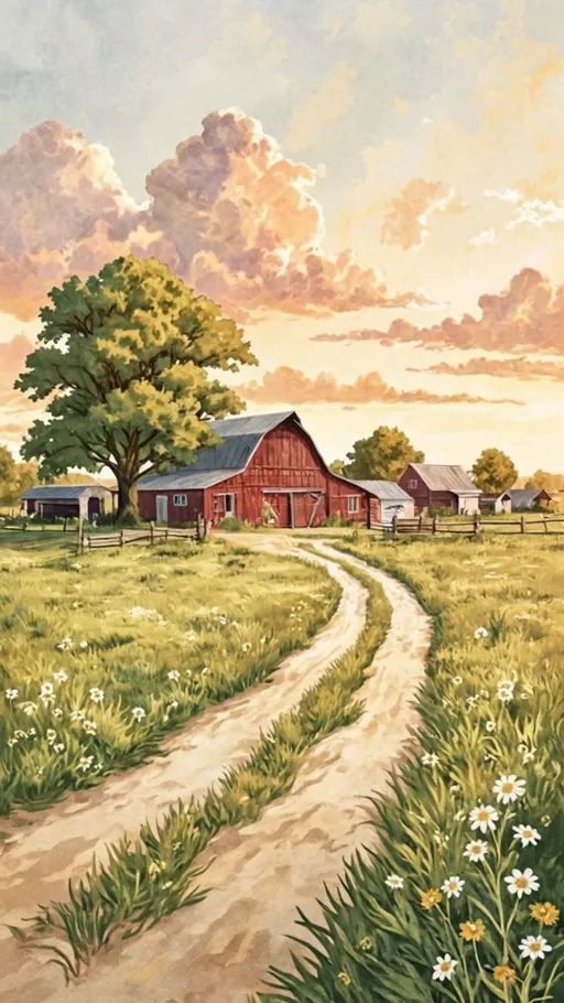 Prompt: A family farm in southern Indiana with a barn and several out buildings on a dirt road