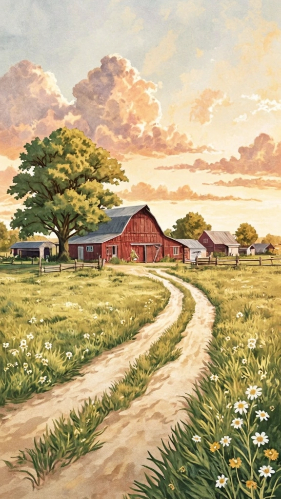 Prompt: A family farm in southern Indiana with a barn and several out buildings on a dirt road