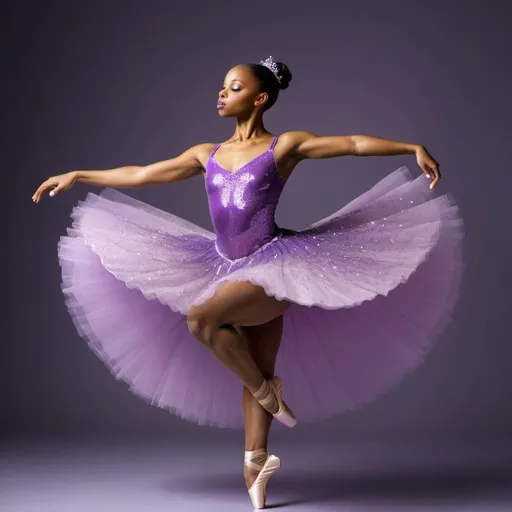 Prompt: An African American ballerina in a sparkling purple costume striking a graceful pose 