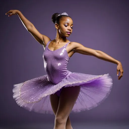 Prompt: An African American ballerina in a sparkling purple costume striking a graceful pose 