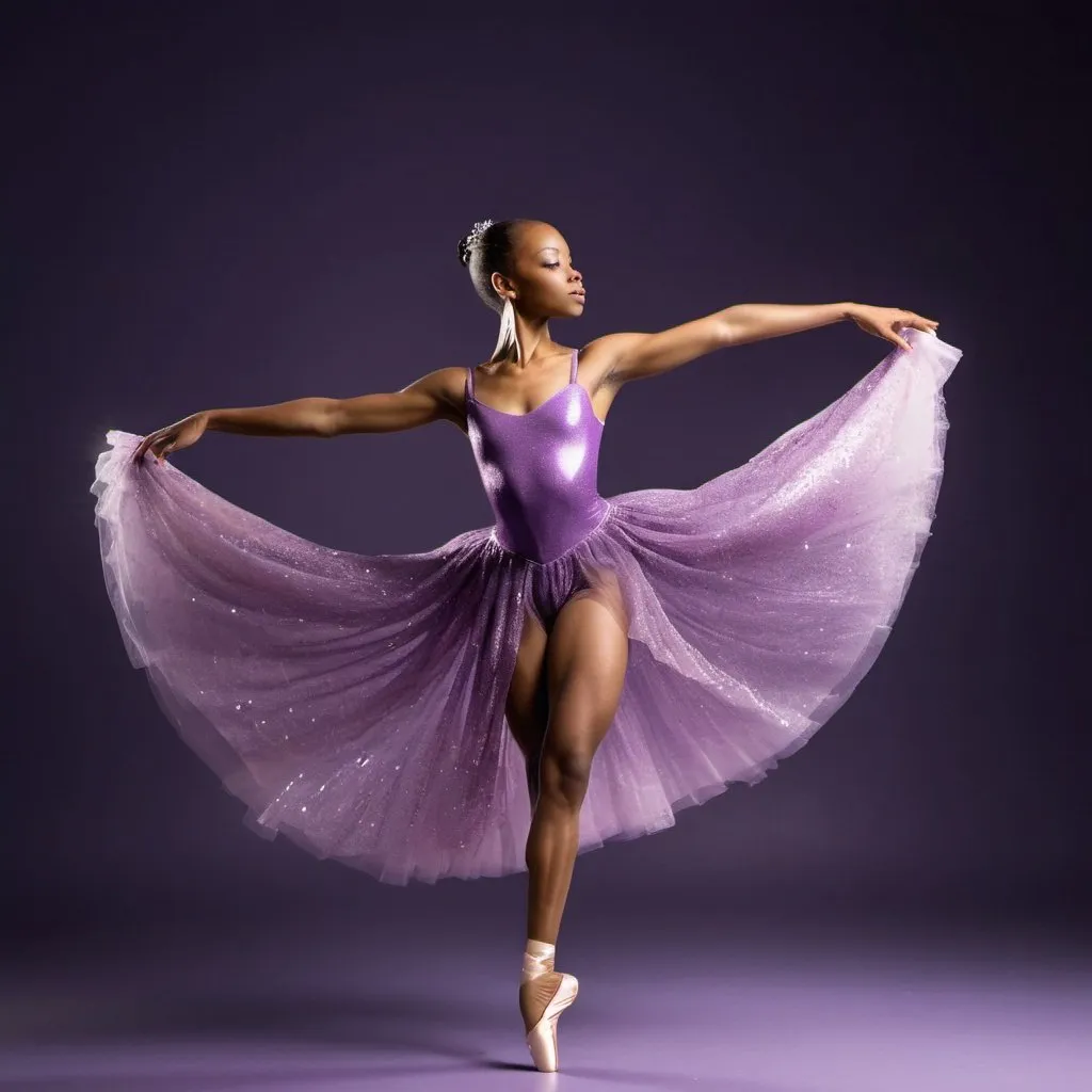 Prompt: An African American ballerina in a sparkling long purple costume striking a graceful pose 