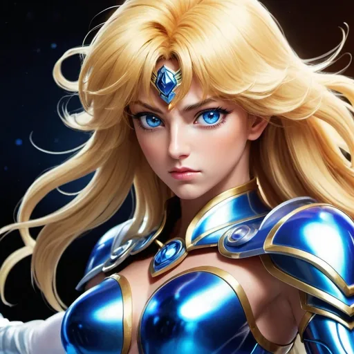 Prompt: Saint Seiya-style illustration of a female character, blonde hair, blue eyes, vibrant colors, dynamic pose, detailed eyes, 2D digital art, intense and focused gaze, professional, atmospheric lighting, Saint Seiya Swan Cloth, highres, anime, dynamic pose, vibrant colors