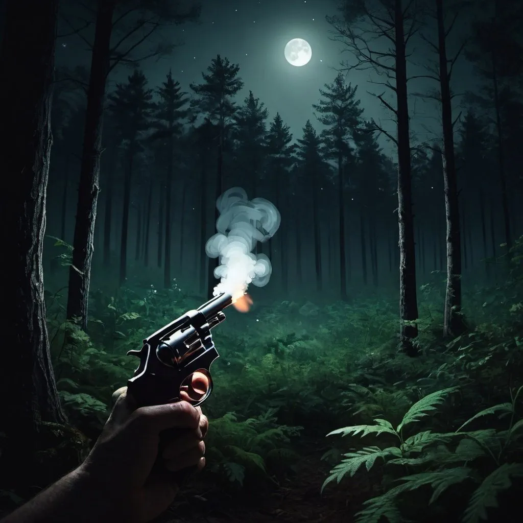 Prompt: A forest background at night with a smoking gun.