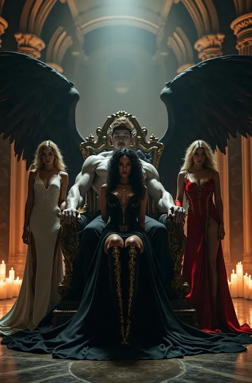 Prompt: A majestic, cinematic fantasy throne room dimly lit with candles and gothic architecture. At the center, a massive, regal man with a towering, muscular build and pale white complexion sits confidently on a grand, dark futuristic throne like a king. He has long, flowing blond hair reaching his shoulders, a piercing gaze, and wears a royal black and gold outfit with a powerful aura.

Flanking him on each side are four stunning women standing in dramatic poses. They all wear the same sultry, high-fashion outfit: a tight mini black leather dress with gold accents, thigh-high boots, and large angelic wings — but each in a different color theme. The woman in front (Black, curly hair, Black complexion) wears all black, with matching black wings and a dark royal cape. She stands at the forefront with fierce elegance.

The other three women — all white, beautiful, and uniquely attractive — are positioned around the throne: one in red (with red wings and matching cape), one in white (white wings, radiant and pure), and one in green (with deep emerald tones). Each exudes power, beauty, and mystery, staring directly forward or toward the king, their expressions fierce and loyal.

The atmosphere is darkly majestic, filled with glowing candles on the floor, casting dramatic shadows and enhancing the mysterious, seductive power of the group.
