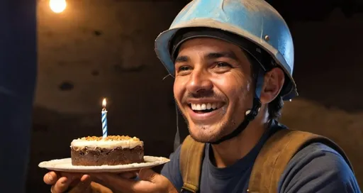 Prompt: minero, con casco color azul,  comiendo torta, feliz
