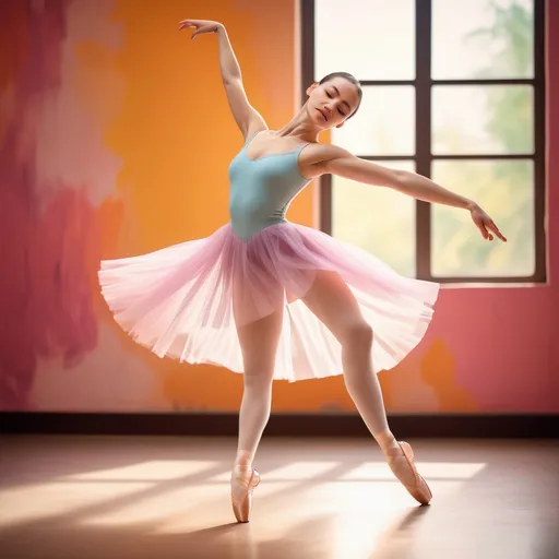 Prompt: (a strong and determined woman), single mother, ballet pose, focused expression, vibrant background, bright and uplifting colors, warm and optimistic atmosphere, stylish yet modest clothing, representing hard work and perseverance, soft lighting enhancing emotions, children playing nearby, conveying love and family, high-quality, ultra-detailed, heartwarming scene.